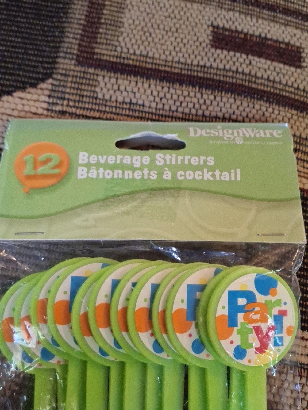 DesignWare Lime Green Beverage Stirrers with Colorful 'Party' Topper - 12 Pack